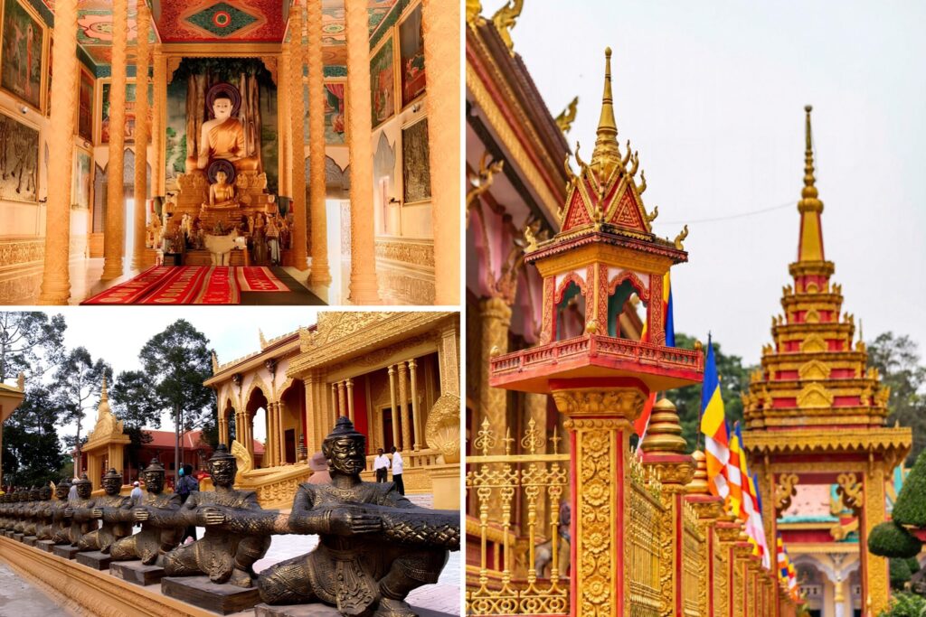 Không gian chánh điện chùa Vàm Ray với trang trí Phật giáo Khmer