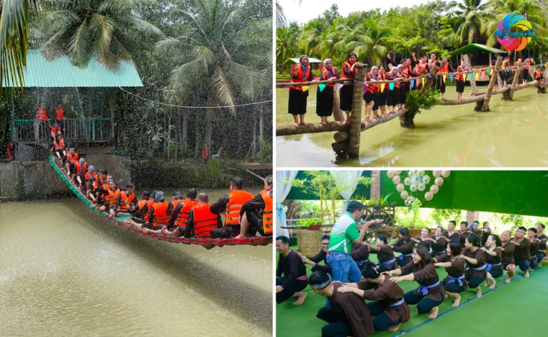 Cheerful group of tourists enjoying traditional folk games and coconut gardens at Lan Vuong eco-tourism site in Ben Tre Vietnam, sunny joyful outdoor atmosphere.