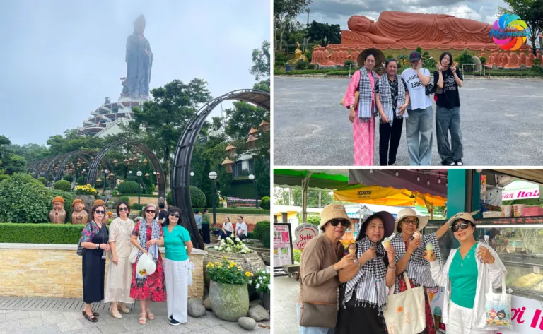 Majestic Ba Den mountain in Tay Ninh with giant bronze Lady Buddha statue enveloped in sea of morning clouds, spiritual and awe-inspiring landscape.
